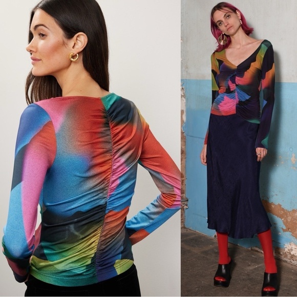 UNTITLED IN MOTION 90s Abstract Print Ruched V-Neck Long Sleeve Slim Fit Top S - Picture 2 of 14